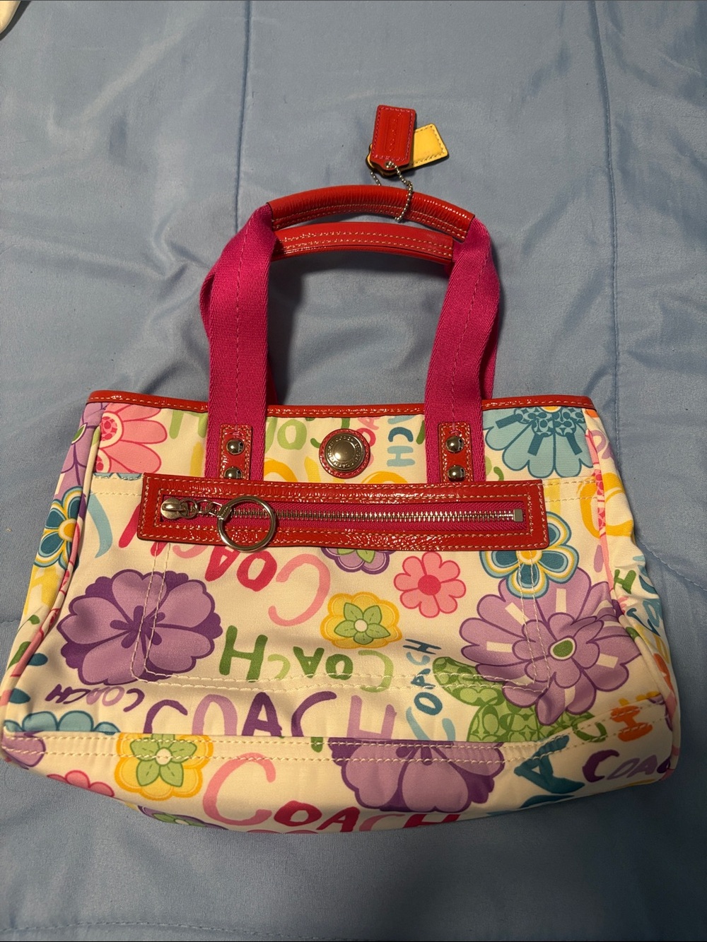 Coach Floral Multicolor Canvas Tote with Pink Handles and Red Trim